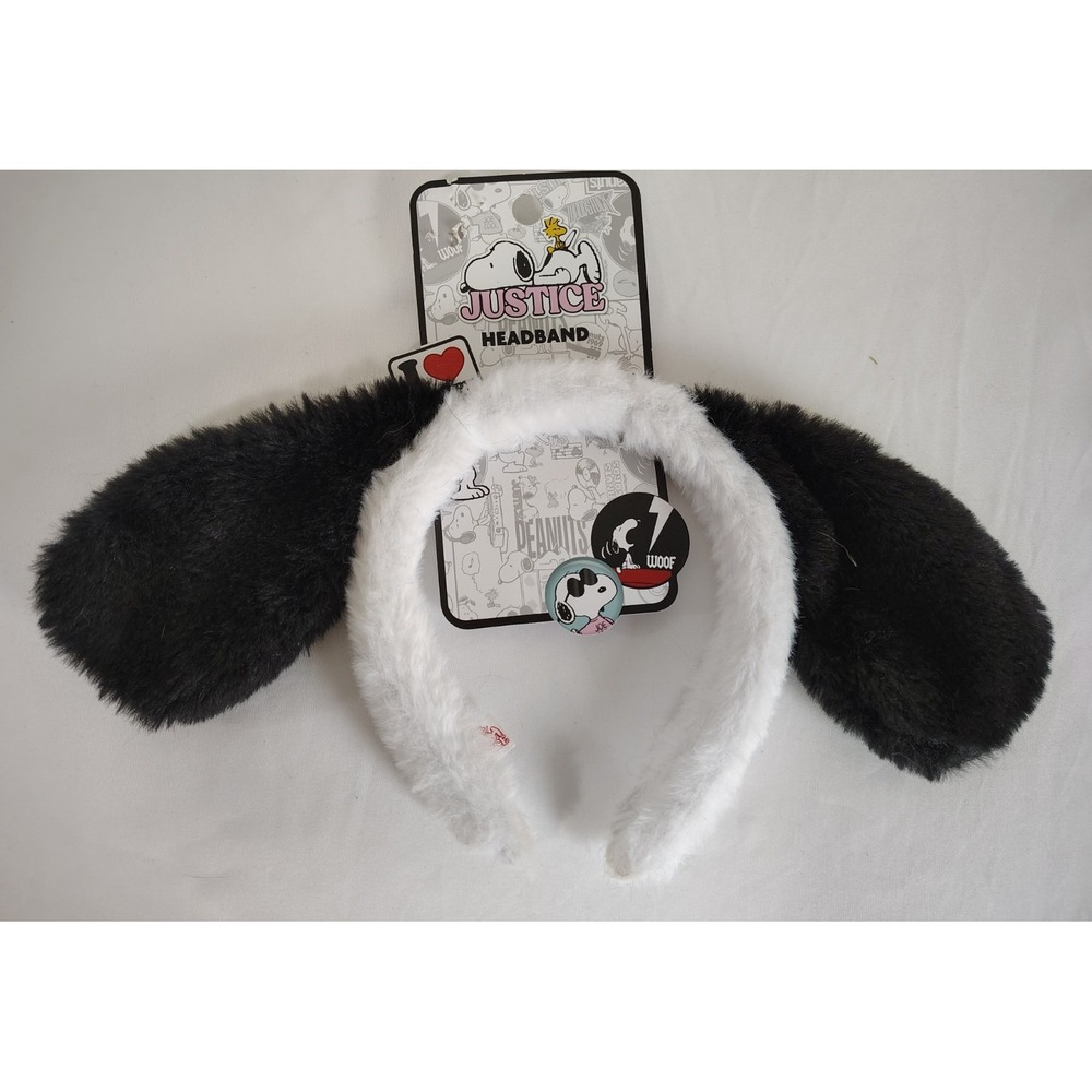 Justice Peanuts Snoopy Dog Ears Faux Fur Headband Black White Halloween Cosplay